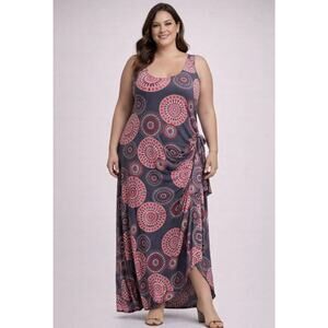 Robbie Bee Maxi Dress 3X Gray Pink Medallion Print Sleeveless Side Tie Stretch